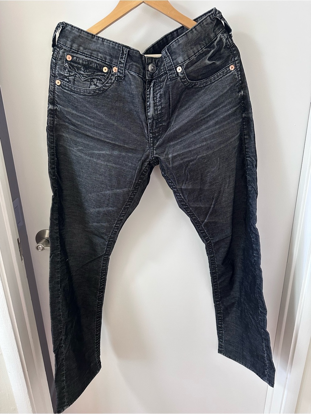True Religion Men's Washed Black Corduroy Straight Jeans